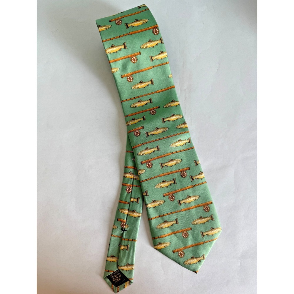 Alynn Neckwear Men's Necktie Silk Green Gold Fish Fishing Rods Made in USA 57"